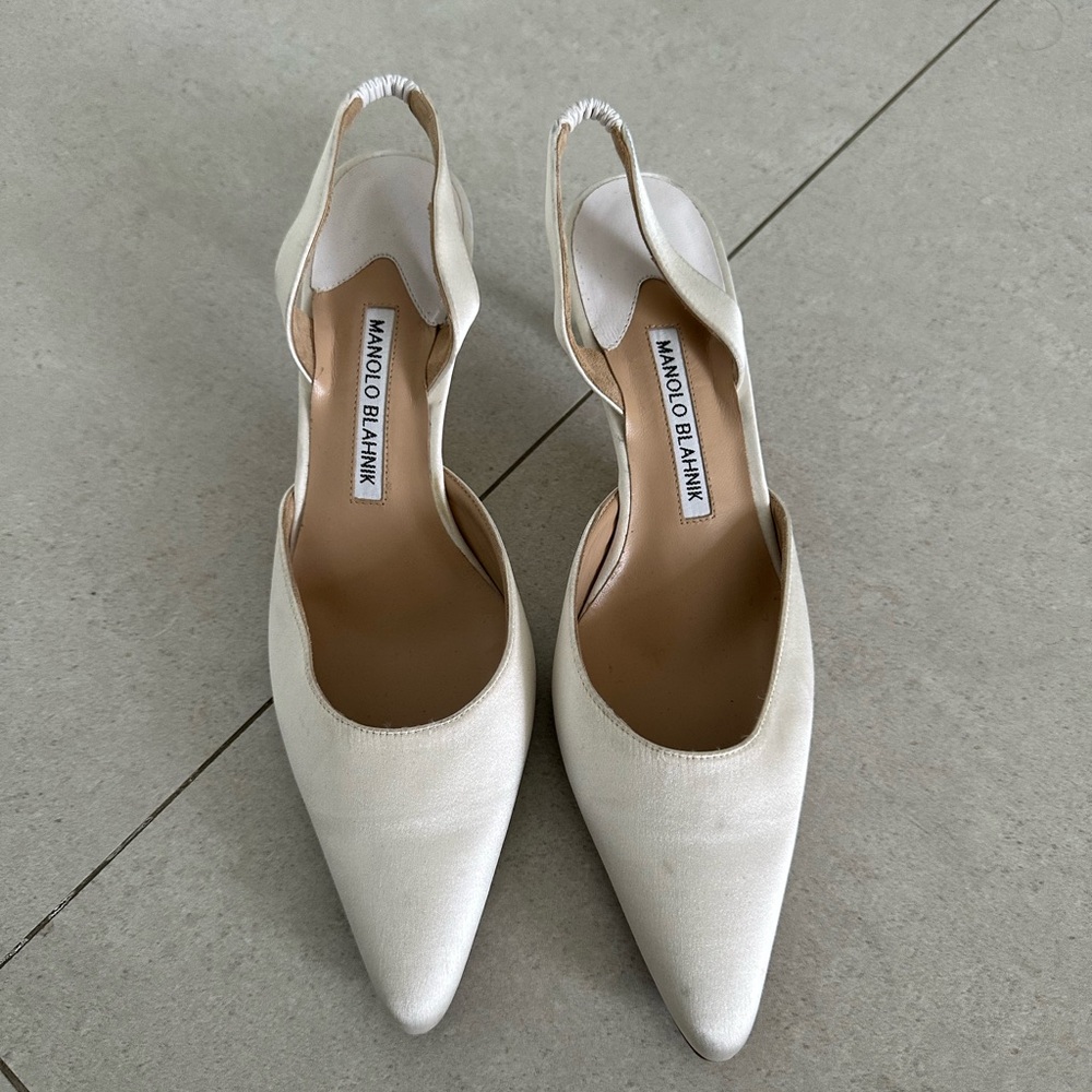 Manolo Blahnik White Satin Sling Backs
